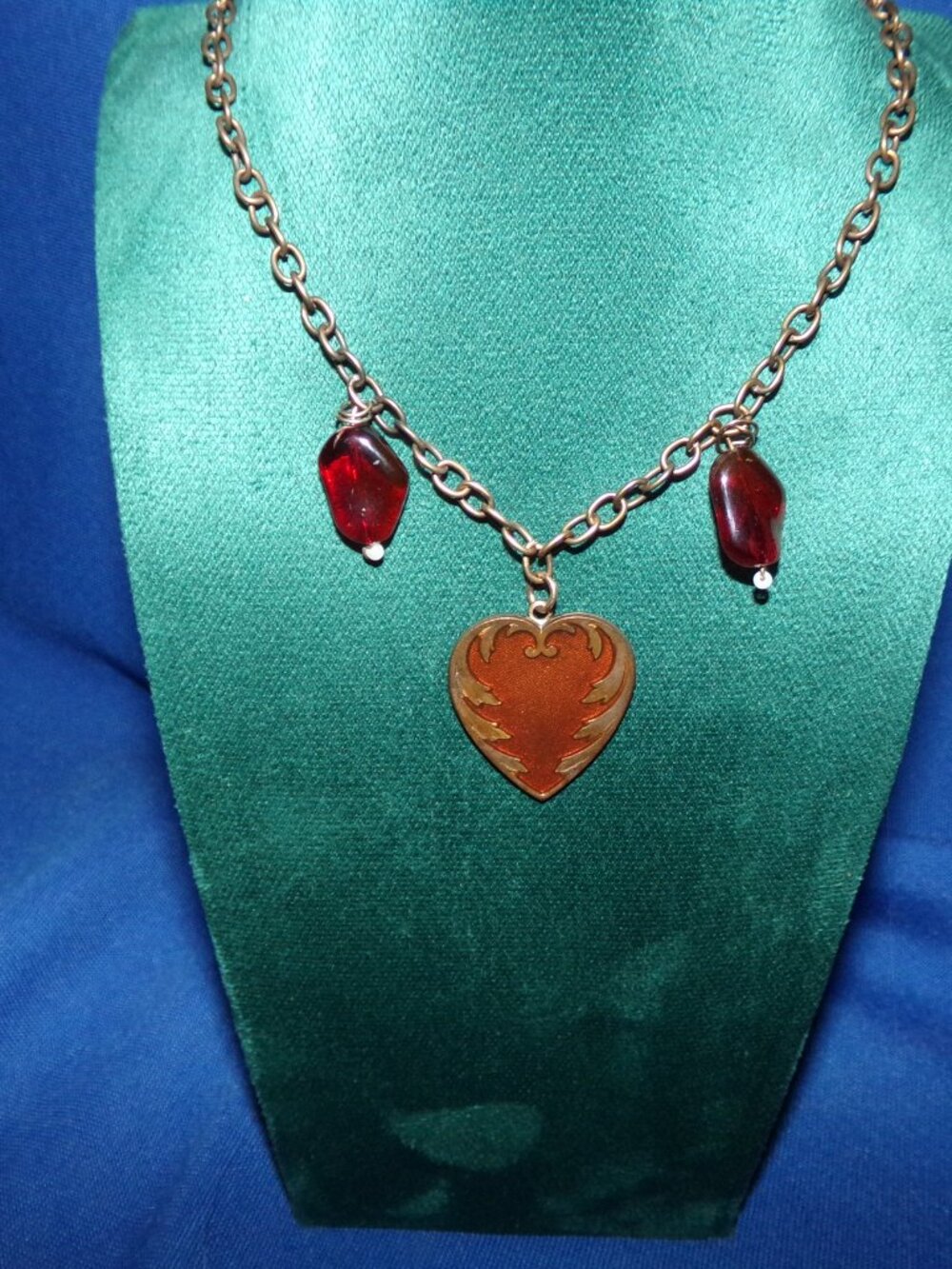 Antiqued Gothic Metal Red Enameled Heart & 2 Red Bead Pendant Necklace